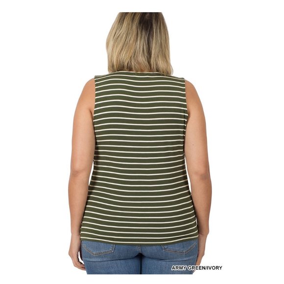 Plus Sized Top Slanted Stripes Knotted Hem Sleeveless Tank Top Mint/Ivory - Picture 3 of 4